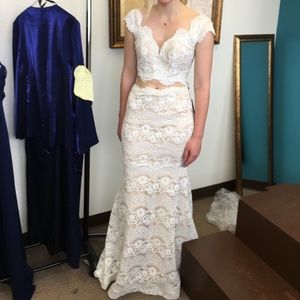 Jewel Encrusted White Lace Prom Dress